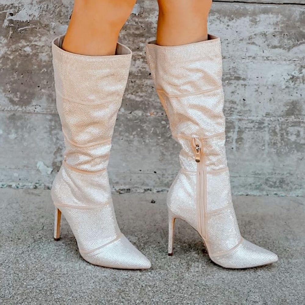Tan faux suede rhinestone boots